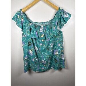 Loft Floral Ruffle Shirt Linen Blend Off Shoulder Women's Size Medium Colorful